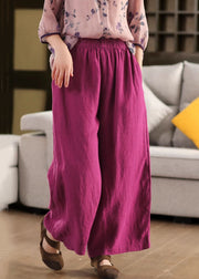 Loose Purple Pockets Elastic Waist Linen Wide Leg Pants Summer