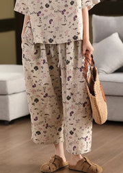 Loose Purple Print Drawstring Linen Crop Pants Summer