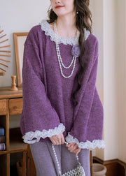 Loose Purple Ruffled Floral Patchwork Knit Sweater Flare Sleeve