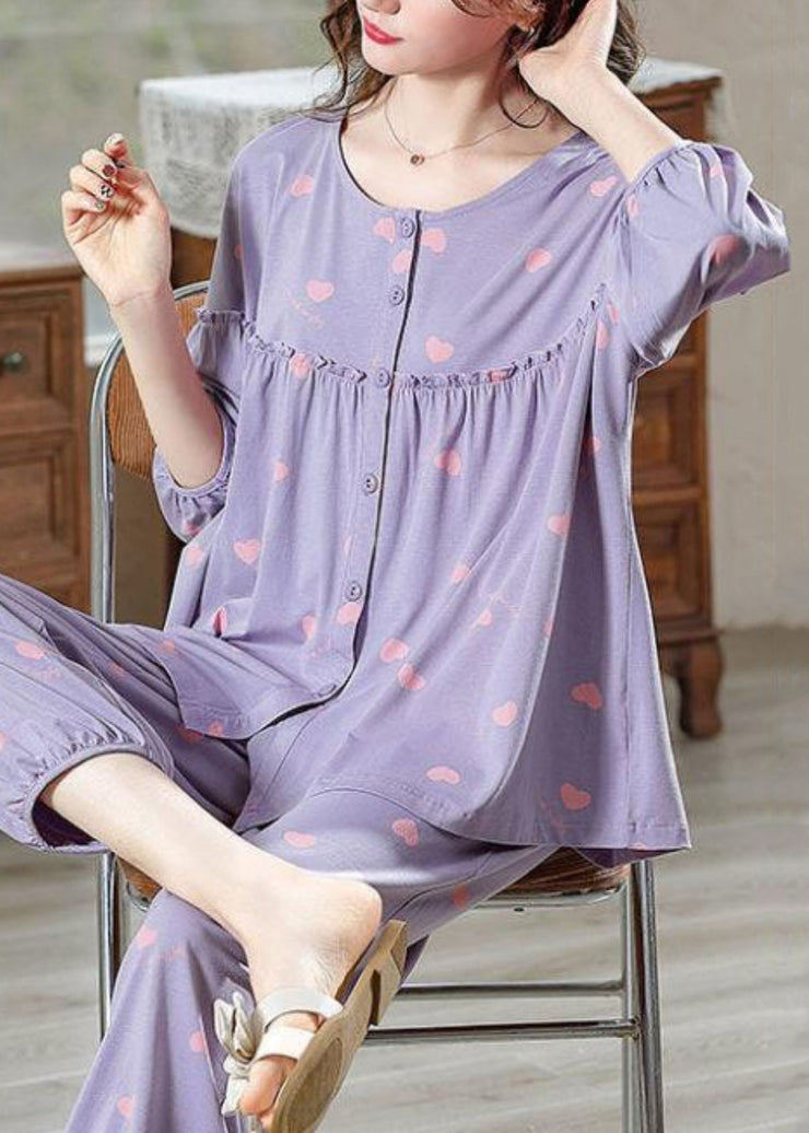 Loose Purple Ruffled Print Cotton Pajamas Two Pieces Set Bracelet Sleeve