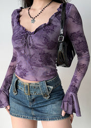 Loose Purple Ruffled Print Cotton T Shirts Flare Sleeve