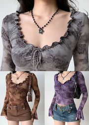 Loose Purple Ruffled Print Cotton T Shirts Flare Sleeve