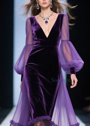 Loose Purple V Neck Lace Patchwork Velvet Dress Fall