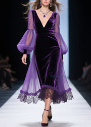 Loose Purple V Neck Lace Patchwork Velvet Dress Fall