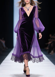 Loose Purple V Neck Lace Patchwork Velvet Dress Fall