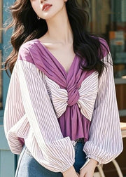 Loose Purple V Neck Striped Patchwork Cotton Shirts Fall