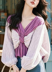 Loose Purple V Neck Striped Patchwork Cotton Shirts Fall
