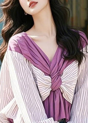 Loose Purple V Neck Striped Patchwork Cotton Shirts Fall