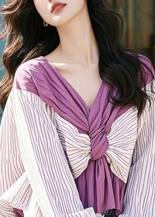 Loose Purple V Neck Striped Patchwork Cotton Shirts Fall