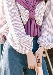 Loose Purple V Neck Striped Patchwork Cotton Shirts Fall