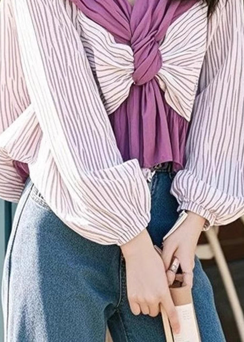 Loose Purple V Neck Striped Patchwork Cotton Shirts Fall