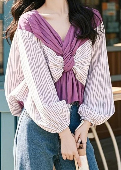 Loose Purple V Neck Striped Patchwork Cotton Shirts Fall