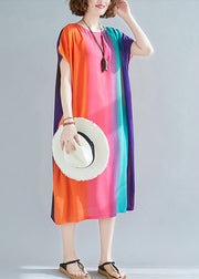 Loose Rainbow Striped O Neck Pockets Cotton Dress Summer