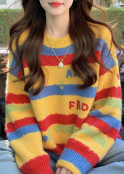 Loose Rainbow Striped Thick Cotton Knit Sweater Fall