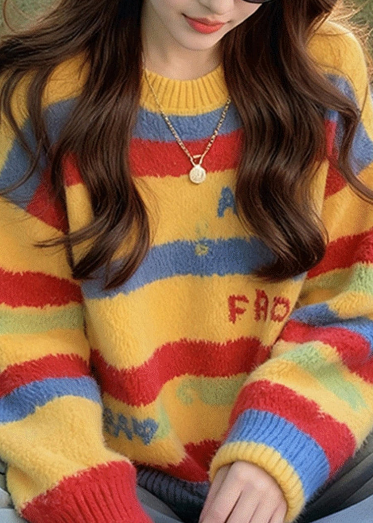 Loose Rainbow Striped Thick Cotton Knit Sweater Fall