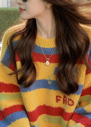 Loose Rainbow Striped Thick Cotton Knit Sweater Fall