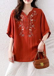 Loose Red Embroidered Button Cotton Shirt Half Sleeve