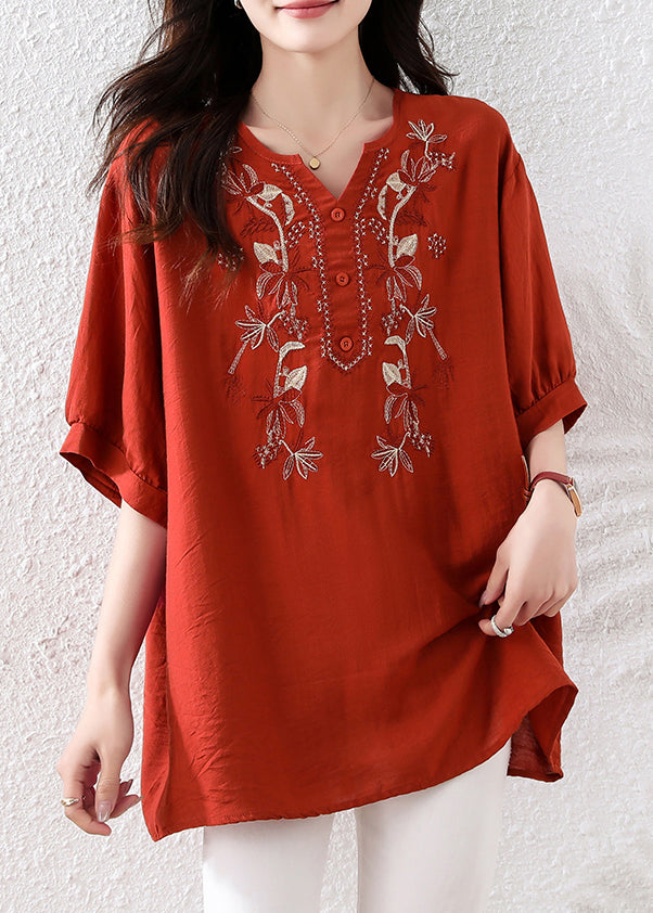 Loose Red Embroidered Button Cotton Shirt Half Sleeve