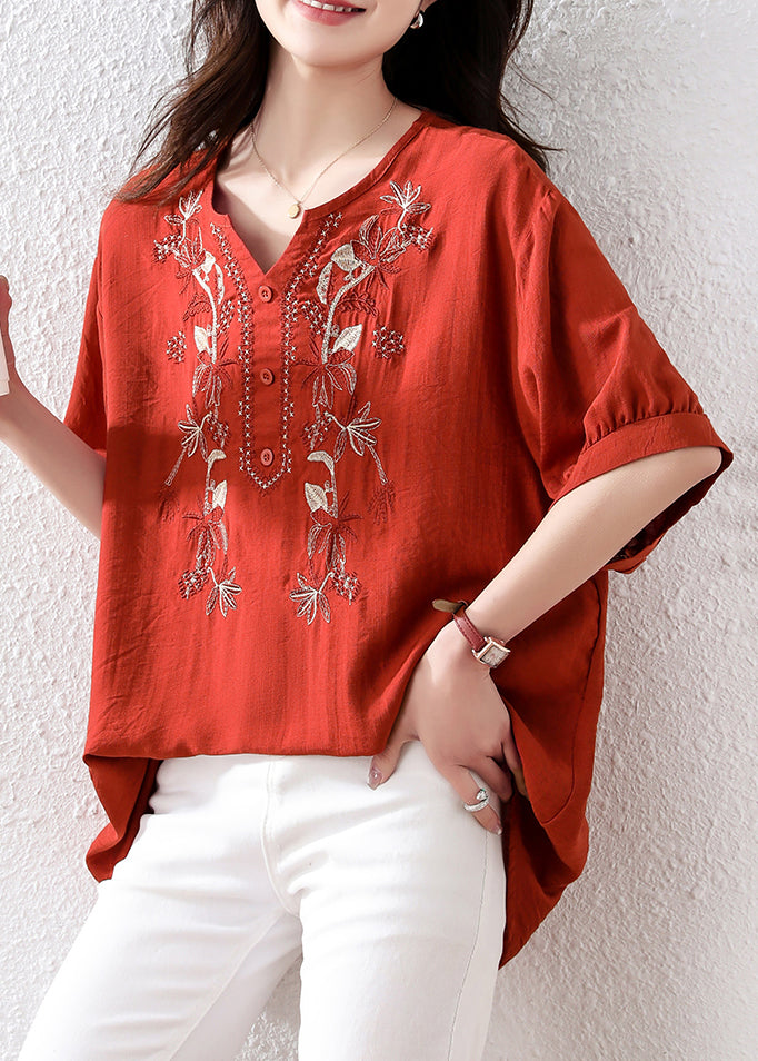 Loose Red Embroidered Button Cotton Shirt Half Sleeve
