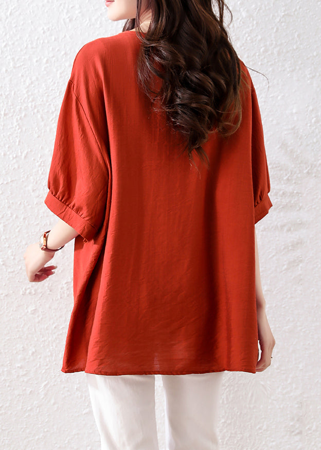 Loose Red Embroidered Button Cotton Shirt Half Sleeve