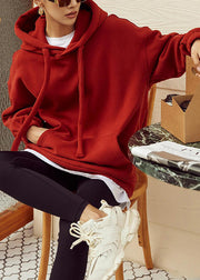 Loose Red Hooded Pockets Warm Fleece Sweatshirt Winter