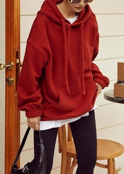 Loose Red Hooded Pockets Warm Fleece Sweatshirt Winter