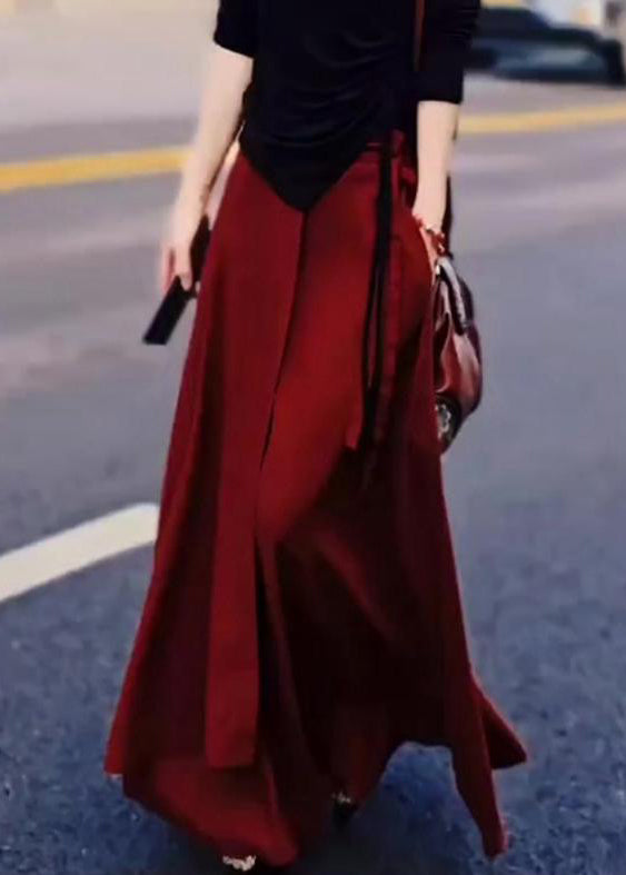 Loose Red Lace Up Pockets High Waist Skirt Summer