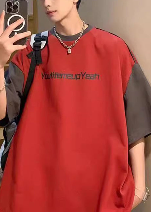 Loose Red Letter Print Patchwork Cotton Mens T Shirts Summer