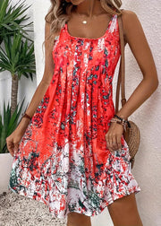 Loose Red O Neck Print Cotton Mid Dress Summer