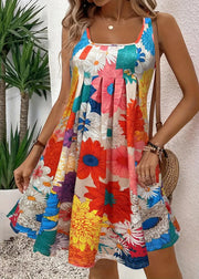 Loose Red O Neck Print Cotton Mid Dress Summer