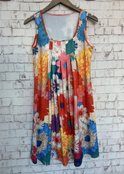 Loose Red O Neck Print Cotton Mid Dress Summer