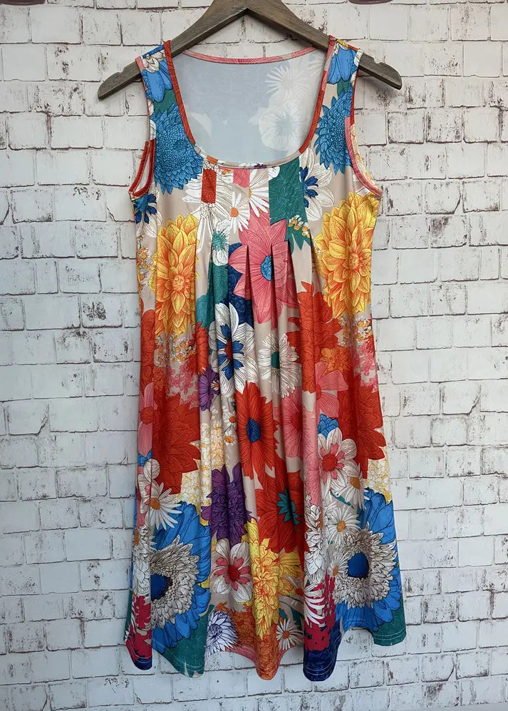 Loose Red O Neck Print Cotton Mid Dress Summer