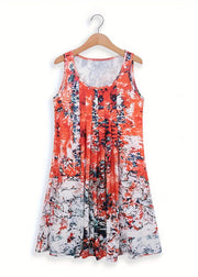 Loose Red O Neck Print Cotton Mid Dress Summer
