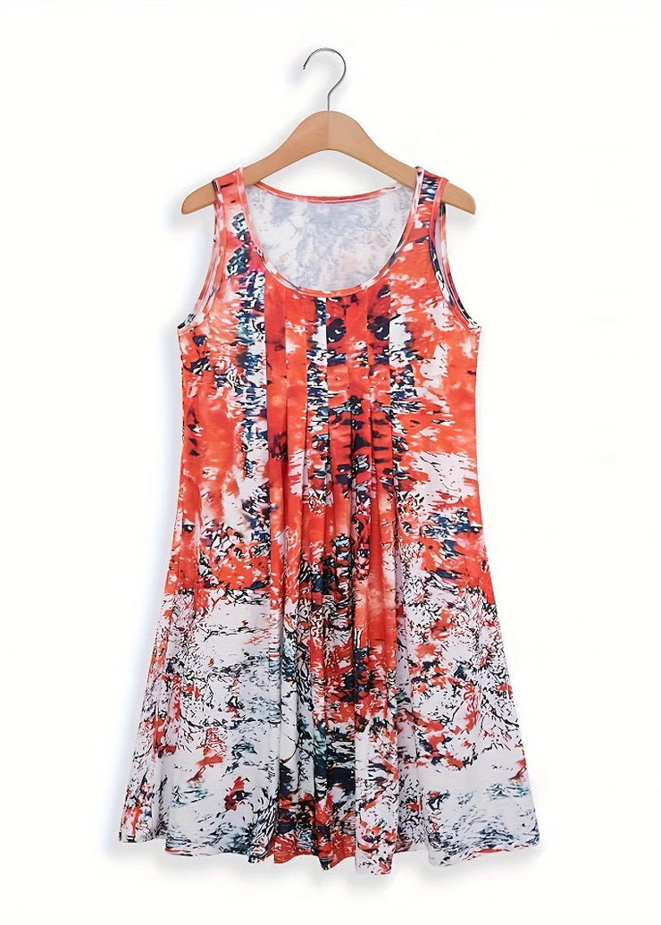 Loose Red O Neck Print Cotton Mid Dress Summer