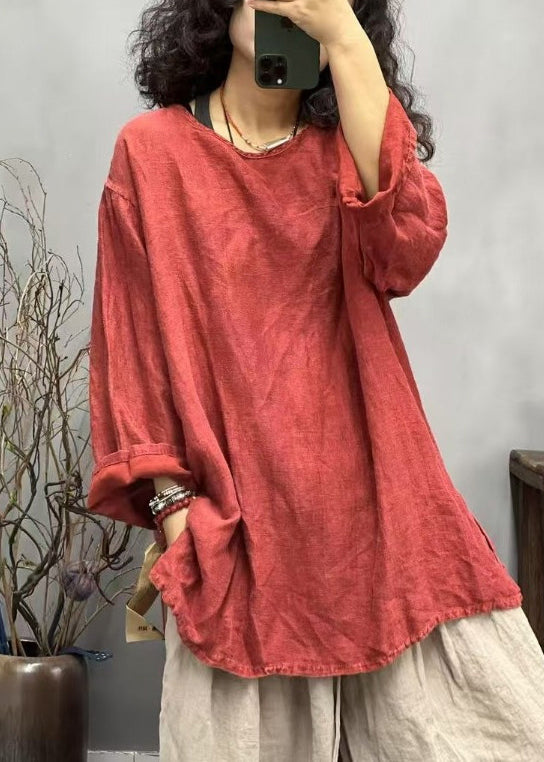 Loose Red O Neck Side Ppen Linen T Shirts Fall