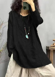 Loose Red O Neck Side Ppen Linen T Shirts Fall