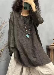 Loose Red O Neck Side Ppen Linen T Shirts Fall
