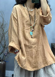 Loose Red O Neck Side Ppen Linen T Shirts Fall