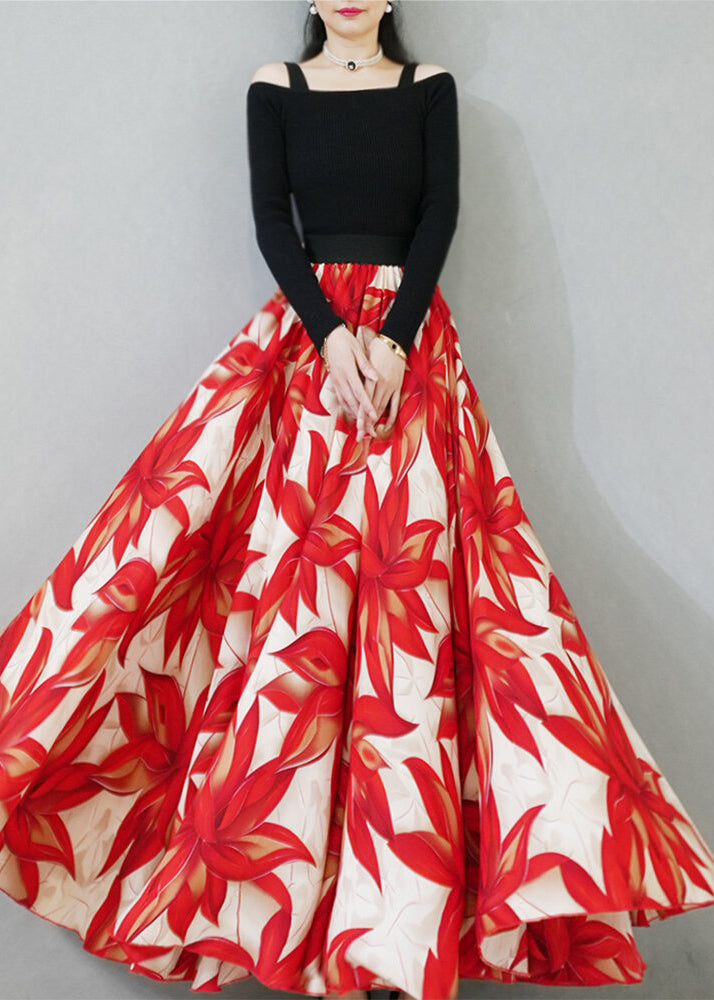 Loose Red Print Elastic Waist Chiffon Maxi Skirts Summer