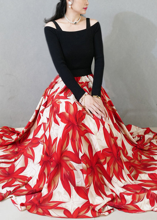 Loose Red Print Elastic Waist Chiffon Maxi Skirts Summer