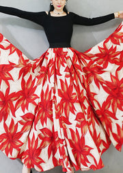Loose Red Print Elastic Waist Chiffon Maxi Skirts Summer