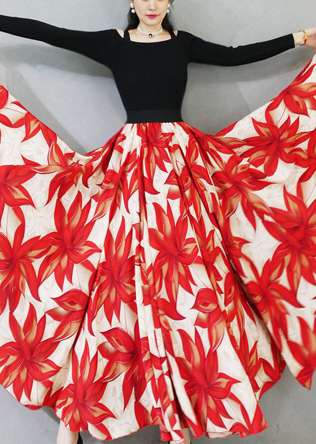 Loose Red Print Elastic Waist Chiffon Maxi Skirts Summer