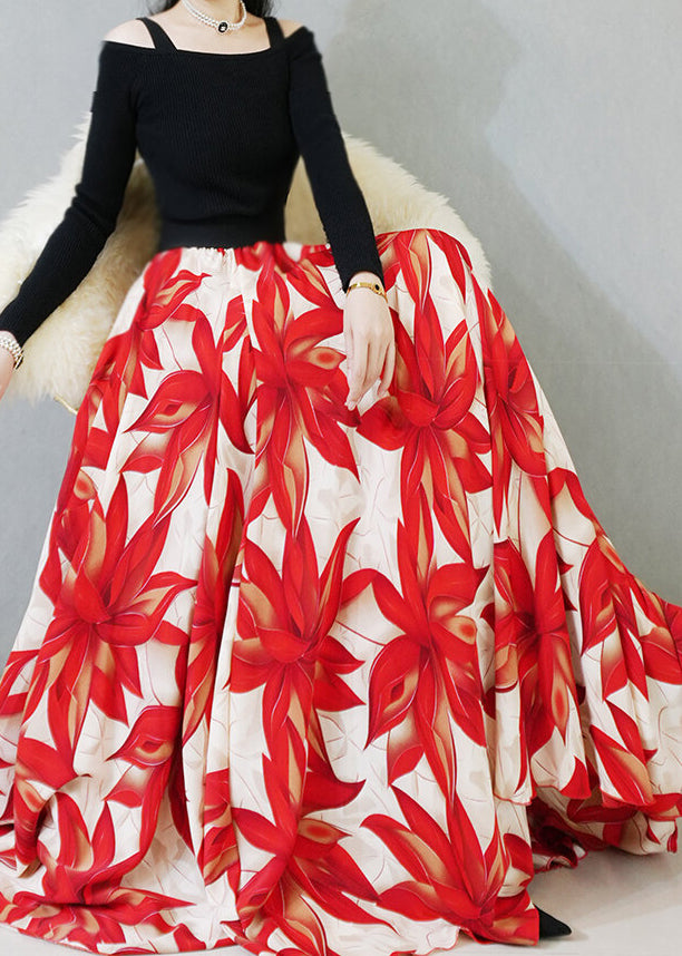 Loose Red Print Elastic Waist Chiffon Maxi Skirts Summer