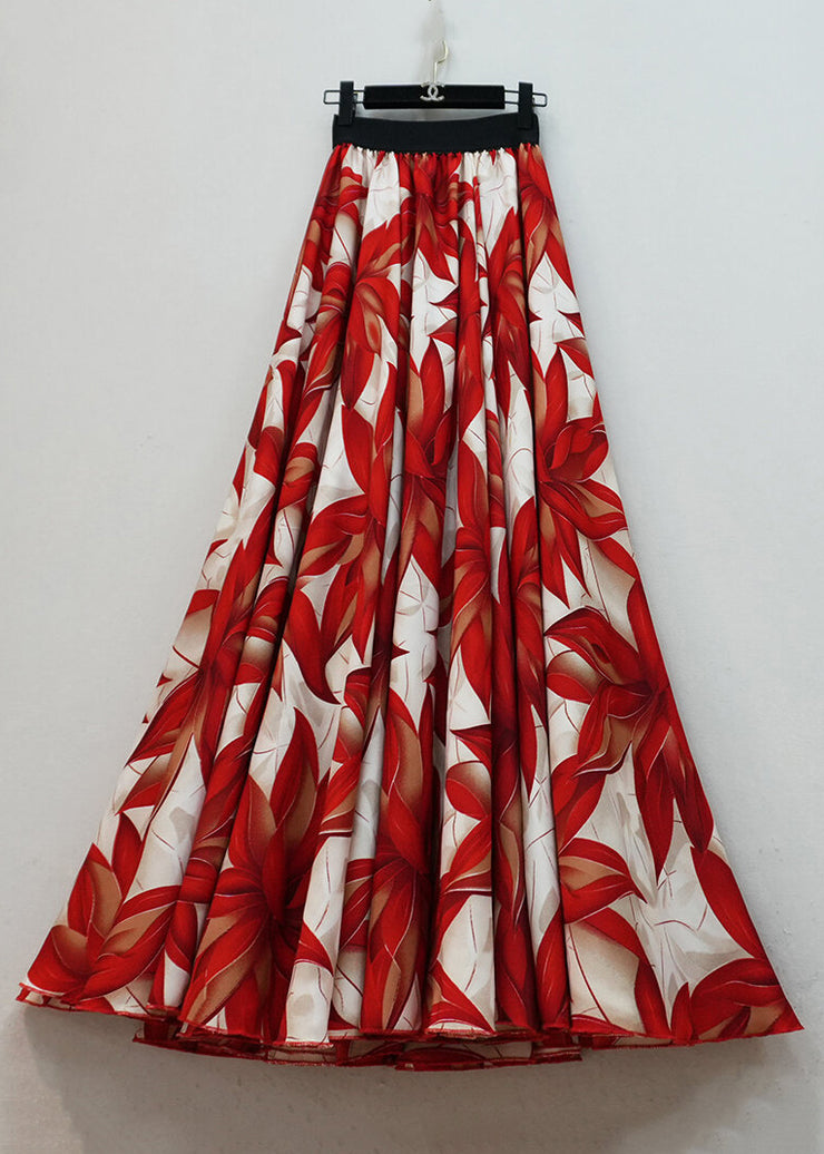 Loose Red Print Elastic Waist Chiffon Maxi Skirts Summer