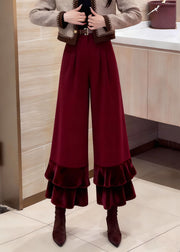 Loose Red Ruffled High Waist Silk Velour Patchwork Wide Leg Pants Winter