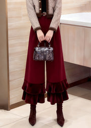 Loose Red Ruffled High Waist Silk Velour Patchwork Wide Leg Pants Winter
