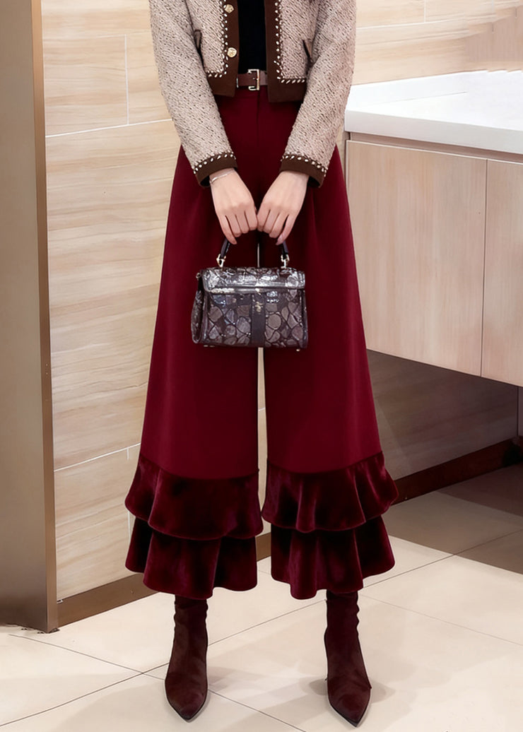 Loose Red Ruffled High Waist Silk Velour Patchwork Wide Leg Pants Winter