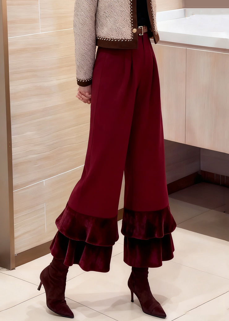 Loose Red Ruffled High Waist Silk Velour Patchwork Wide Leg Pants Winter