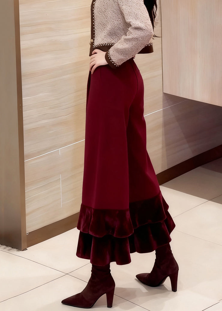 Loose Red Ruffled High Waist Silk Velour Patchwork Wide Leg Pants Winter
