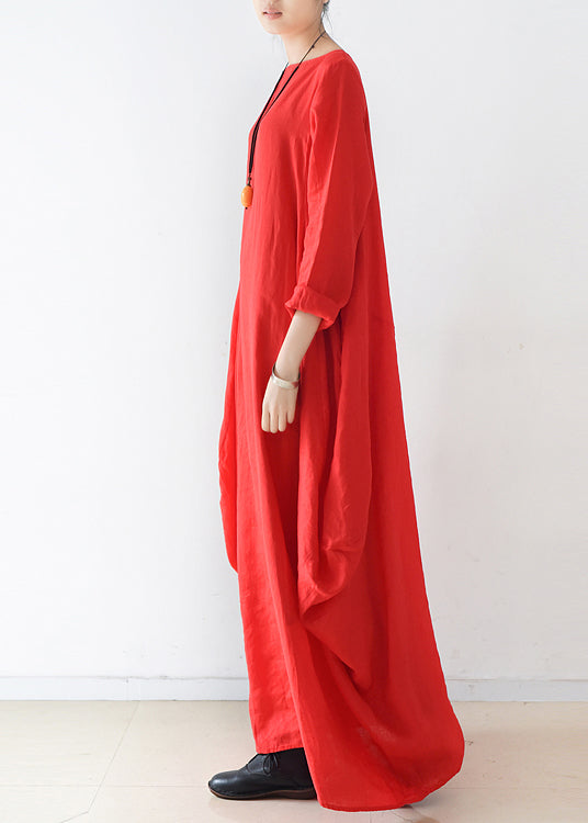 Loose Red Slash Neck Linen Maxi Dress Long Sleeve